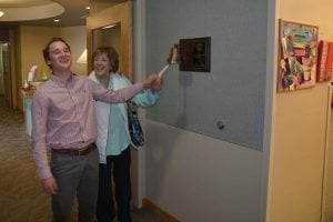 Kelly with Dustin Radke, who donated stem cells sufficient for two transplants Kelly received. The two met in the BMT Unit Jan. 13 and rang a bell signaling the successful transplant.