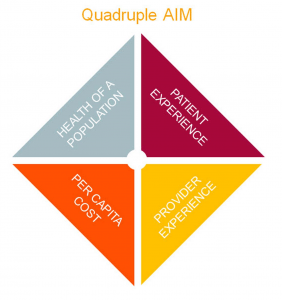 This graphic illustrates the Quadruple Aim, which focuses on patient experience, provider experience, per capita cost and health of a population.