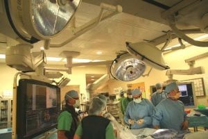 This is a photo of a TAVR procedure at UCHealth University of Colorado Hospital during the trial of the Sapien 3 device for intermediate-risk patients.
