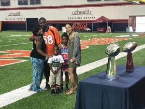 Stroke survivor David Kenyatta, enjoyed Father's Day at the Broncos' UCHealth practice facility with his wife, Candance, son, David and daughters, Kennedi and Dominique.