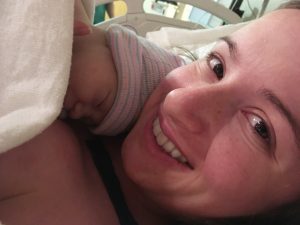 Photo of Amber Cummings and her daughter right after delivery.