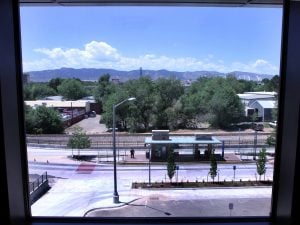 Looking west out a window of the Health and Medical Center at CSU you can see the facilitys proximity to the CSU campus and public transportation.