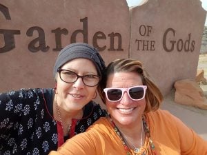 A photo of Yvette Engel and Jennifer Reid snapping a selfie at the Garden of the Gods, Colorado Springs' spectacular city park.
