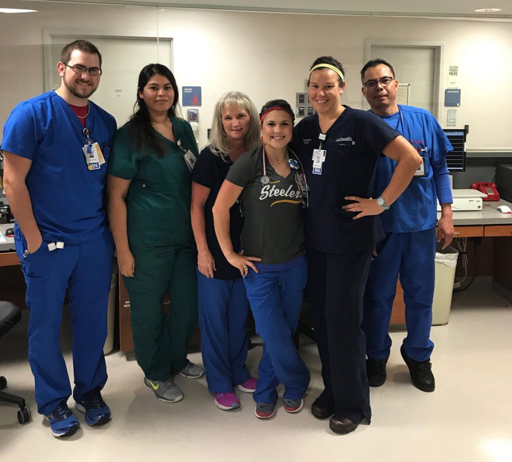 A group of volunteers who call themselves 'the hurricane nurses' stepped up to volunteer after the Houston hurricanes. Here, they pose together in a Houston hospital.
