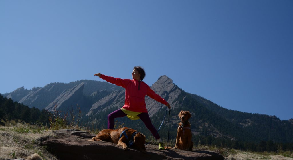 Ellie Bluestein illustrates her warrior pose at Chautauqua Park near her home in Boulder.