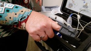 Home sleep study kits include a probe fitted to a finger to measure oxygen levels throughout the night.