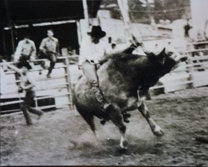J.D. Hill competing in a bull riding event in a European Rodeo Cowboys Association rodeo in 1986 in Berlin.