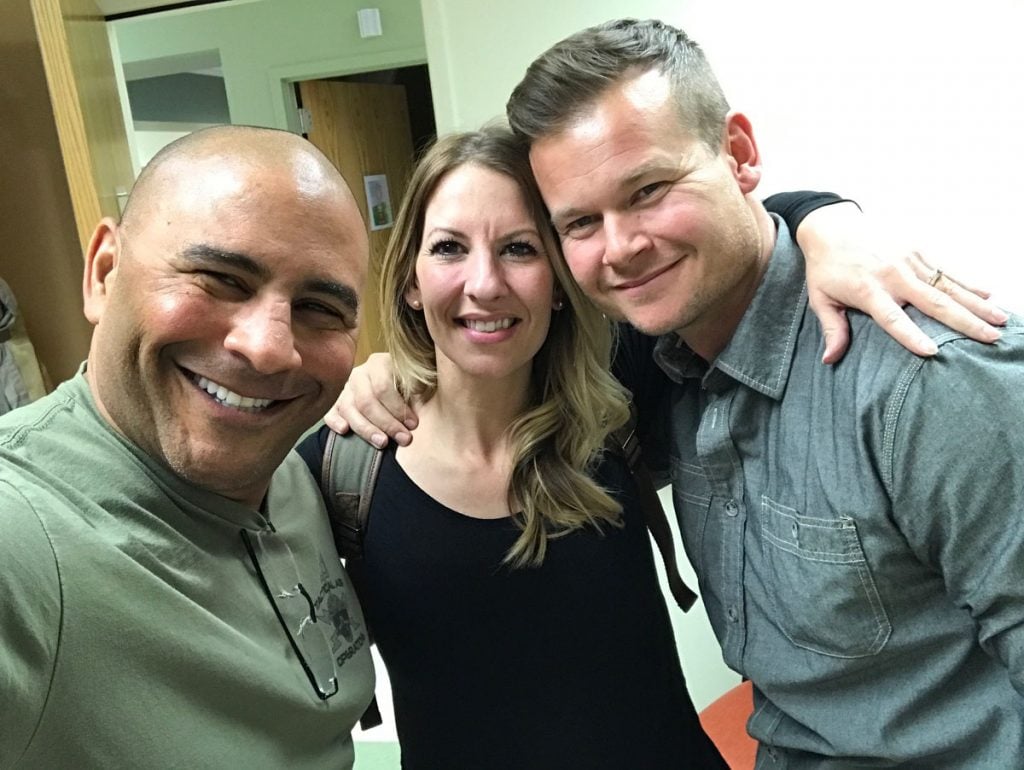 Jeff Bramstedt and Melinda Ray and her husband, James, are shown in a selfie the first time they met in UCHealth's transplant unit.