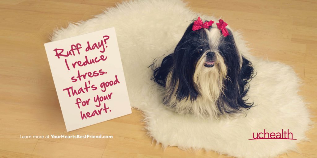 picture of a dog with a sign that reads: Ruff day? I reduce stress. that's good for you heart.