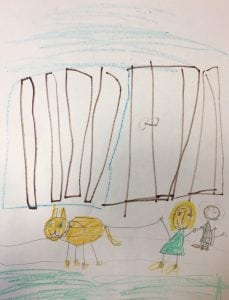 Fiona's drawing of her and her mother walking a cat that she drew for her nurses.