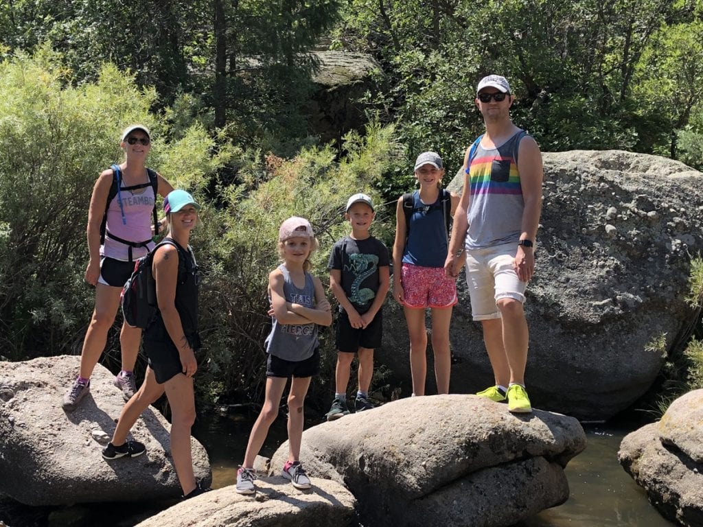 Erin Henninger (far left) with sister Lyndsey, daughter Rylan, son Dylan, niece Aubrie, and brother Andrew during a hike in Castlewood Canyon near Parker.