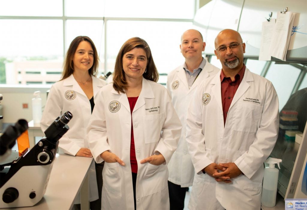 The original Ocular Stem Cell and Regeneration Program team at CU. Clockwise from left: Dr. Valeria Canto-Soler, Dr. Natalia Vergara, Dr. Brzezinski, and Dr. Omid Masihzadeh. Photo courtesy of Dr. Valeria Canto-Soler.