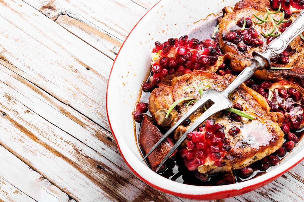 boost flavors with bones and broths - recipe here for pork chops with pomegranates