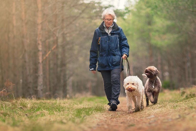 Woman walks her dog, which is OK for pet owners to do as long as they don't have COVID-19.