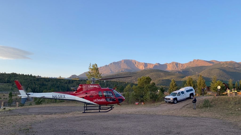 A UCHealth LifeLine helicopter takes off from Pikes Peak during The Broadmoor Pikes Peak International Hill Climb.