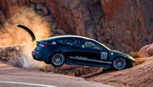 A Tesla spins off course during the 2020 The Broadmoor Pikes Peak International Hill Climb
