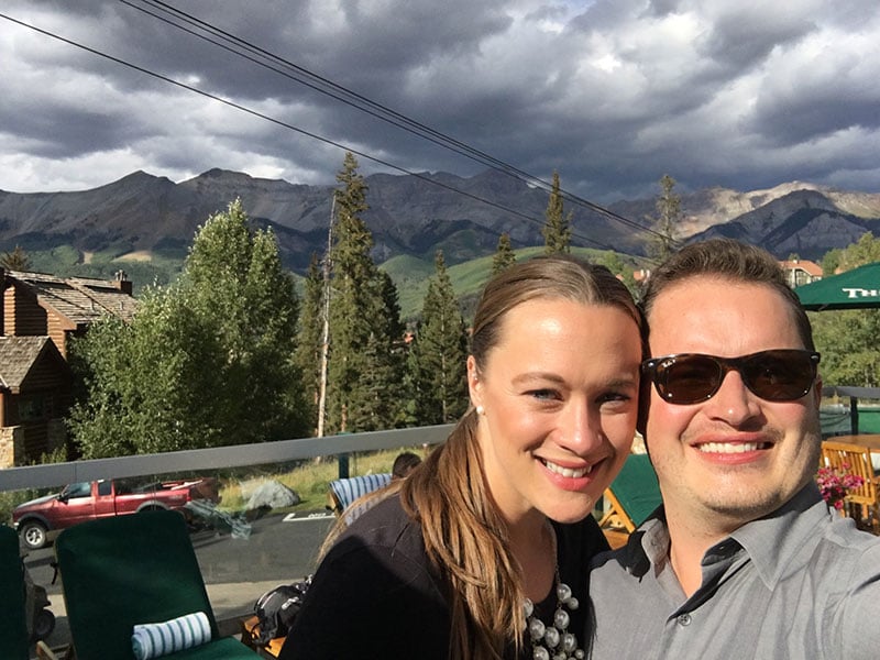 selfie of Justin and Amanda in the mountains, Jeff suffers from FSHD.
