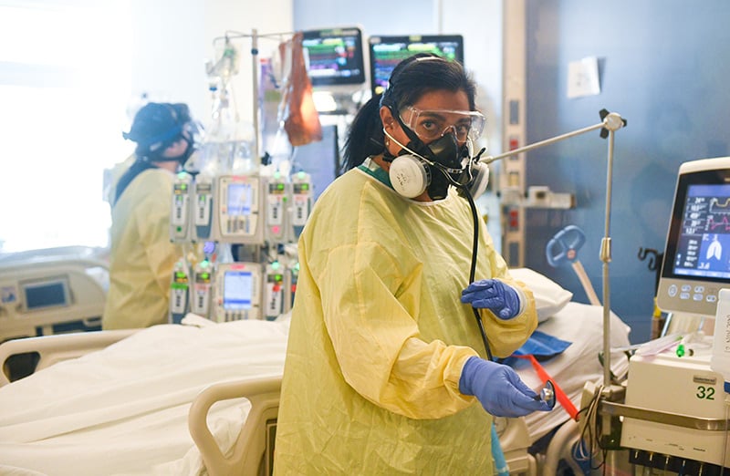 Dr. Abbey Lara dressed in full protective gear as she cared for patients in a COVID-19 ICU. Photo by Cyrus McCrimmon for UCHealth.