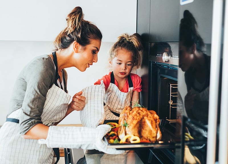 Asymptomatic spread of COVID-19 is very high, so stay home for Thanksgiving and keep it small. Here a mom and her daughter pull the turkey out of the oven.