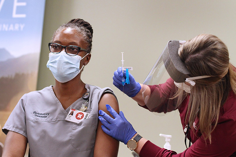 Marilyn Schaefer, a respiratory therapy supervisor at UCHealth Greeley Hospital, is one of the first in Colorado to get the COVID-19 vaccine. Photo by Joel Blocker for UCHealth.
