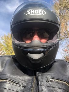 Dr. Richard Zane in his motorcycle helmet.