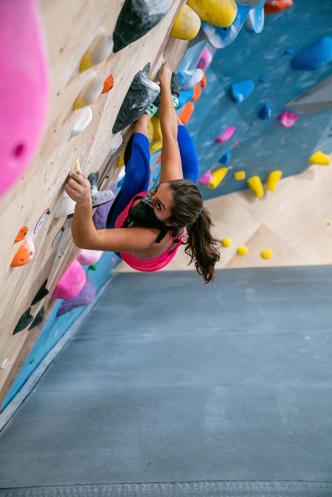 With her MALS successfully treated, Anna went out for and made the CU Boulder Climbing Team. Here she practices at G1 Climbing and Fitness in Broomfield. Photo courtesy of Anna Bajaj.
