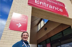 Carolyn Carroll Flynn outside the vaccine clinic in Colorado Springs.