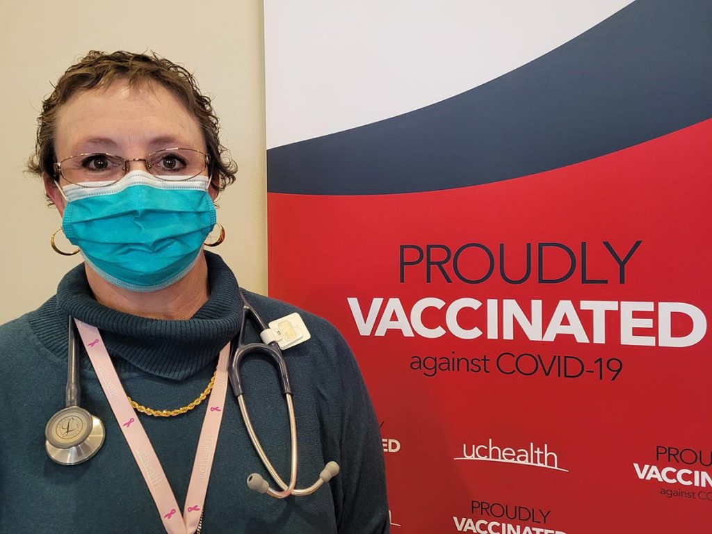 Carolyn Carroll Flynn outside the vaccine clinic in Colorado Springs.