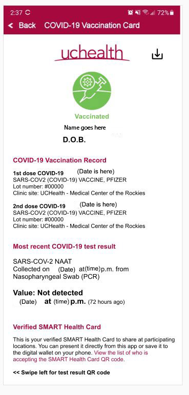 screen shot of a protype of an updated version of COVID-19 information card that makes it easy for people to verify their vaccinations.