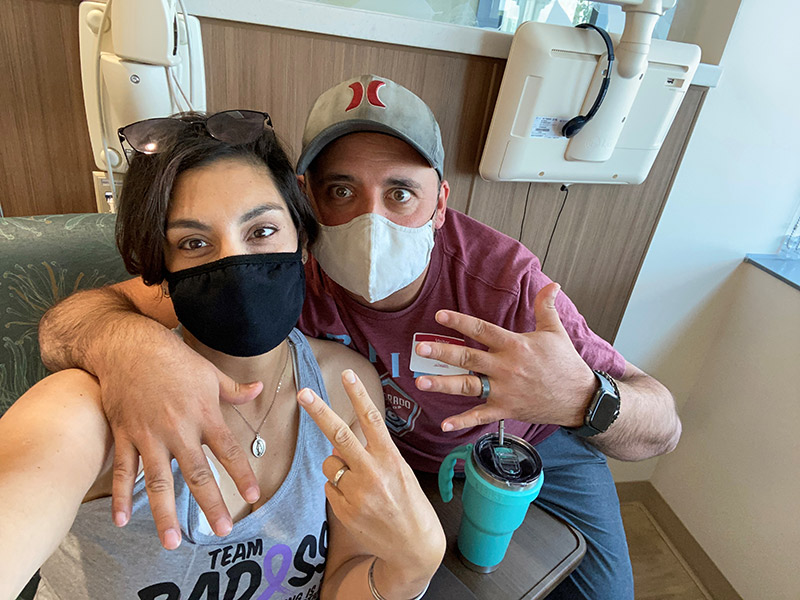 Cathy and Tony pane mark the 12th and last chemotherapy appointment for her small bowel cancer.