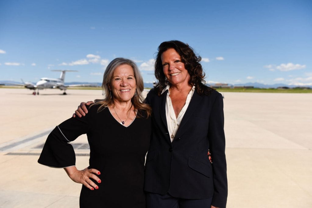 Sadler, a stage 4 lung cancer patient, with friend and Modern Aviation colleague Janet Gallagher.