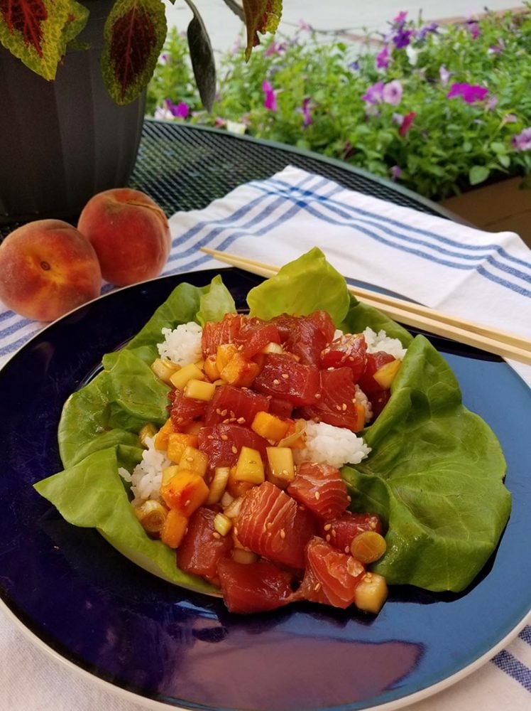 A variation on cooking plain poke is to add some cubed cucumber and peach, perfect at this time of year.