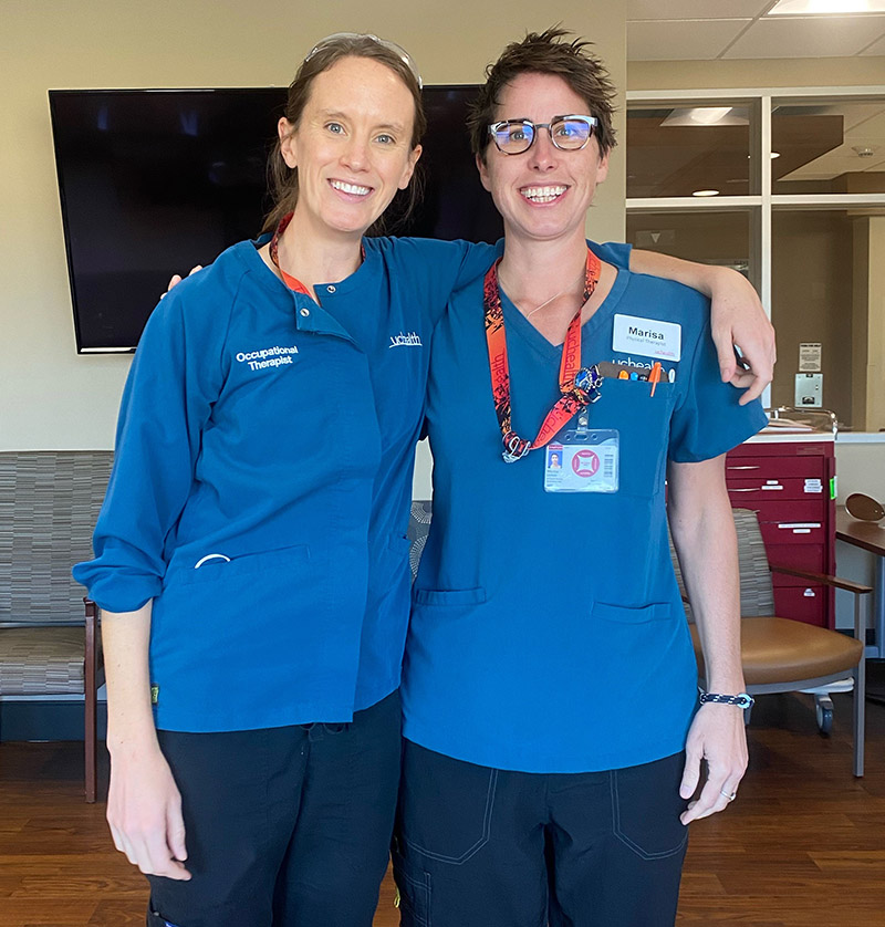 Broomfield Hospital occupational therapist Leah Muntges (left) and physical therapist Marisa Leykam helped Nelson through an arduous month of inpatient rehabilitation that helped with his spinal cord injury recovery.