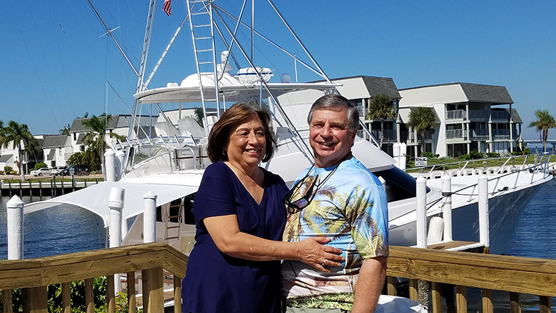 Steve Bello and his wife, Camille, on a Florida vacation in Oct. 2019, shortly before Steve’s kidney cancer diagnosis. Steve was the first patient to enroll in the inspiratory muscle strength training study and completed it in late July 2022.