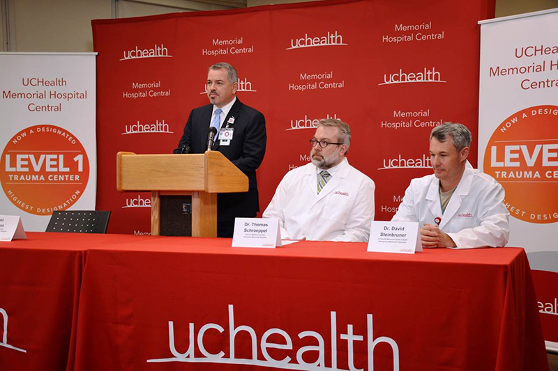 Joel Yuhas, president and CEO of UCHealth's Southern Colorado region; Dr. Thomas Schroeppel, and Dr. David Steinbruner, chief medical officer for UCHealth Memorial Hospital, answer reporters questions during a press conference announcing Colorado Springs' only Level I Trauma Center. Photo: Cary Vogrin, UCHealth.